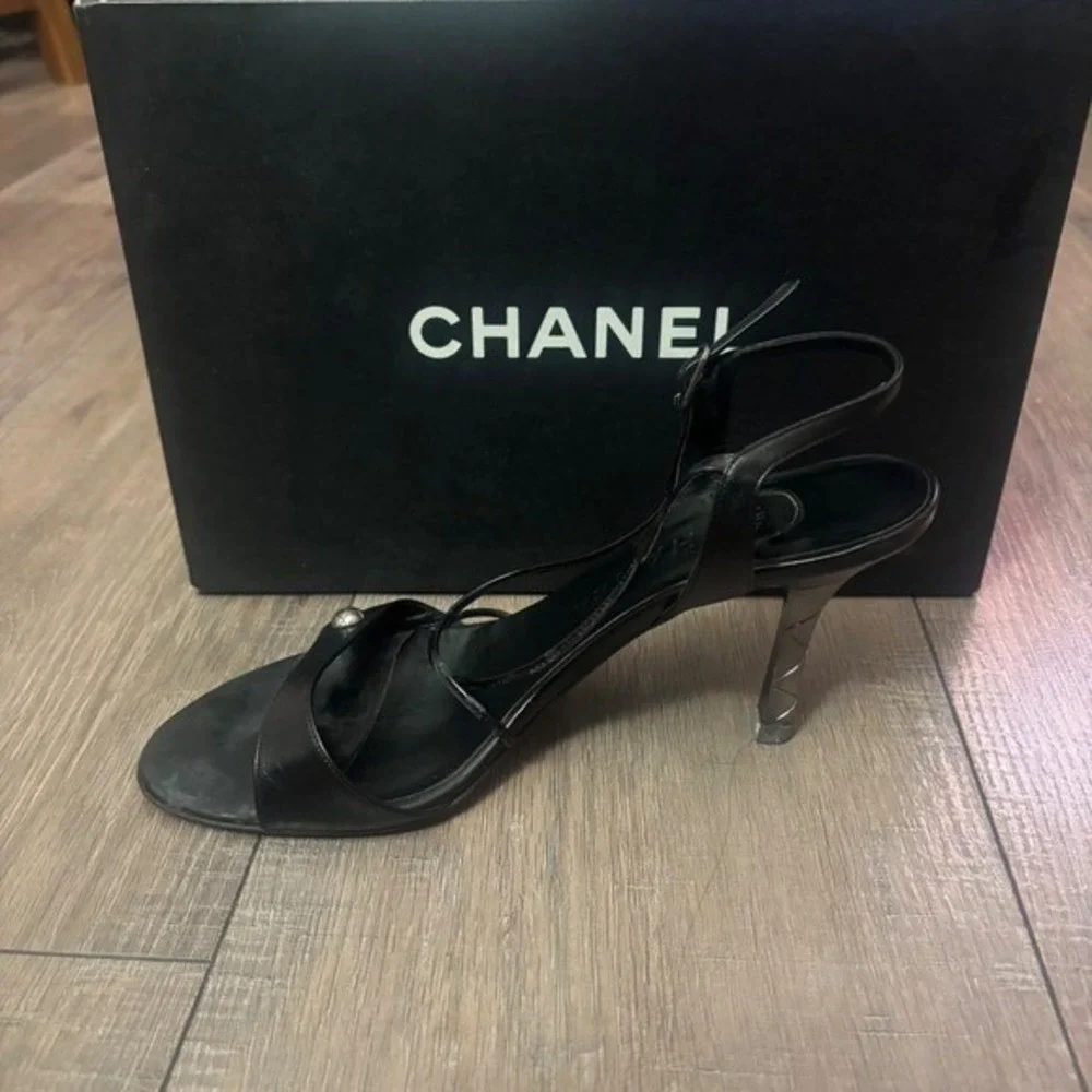 Chanel‎ Black Leather Strappy Heels Size 37.5